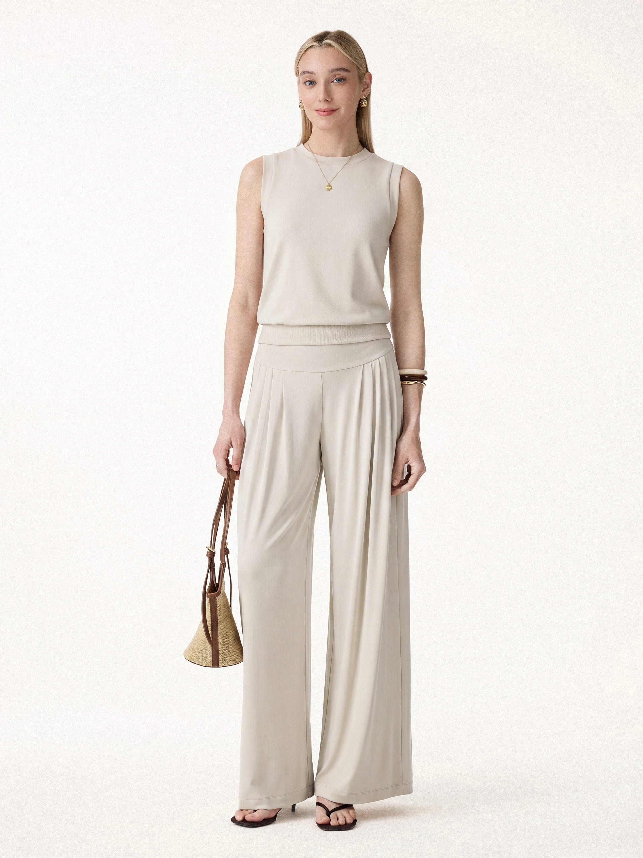 2Pcs Set Crew Neck Top & Flowy Tucked Palazzo Pant with Pockets - Morning Mist / XS