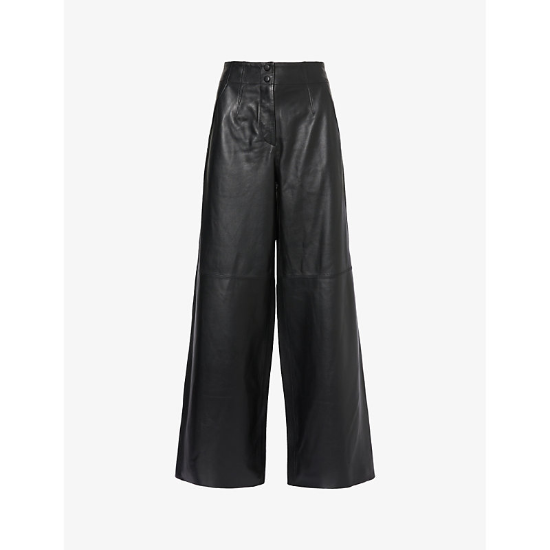 Womens Black Mid-rise Wide-leg Leather Trousers