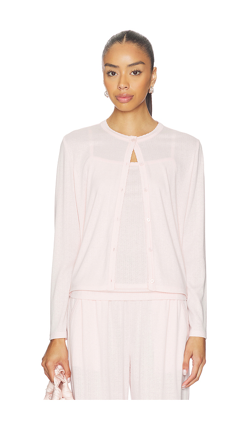 Barefoot Dreams Pointelle Rib Cardigan With Scallop Trim in Pink. S. Also in XS, M