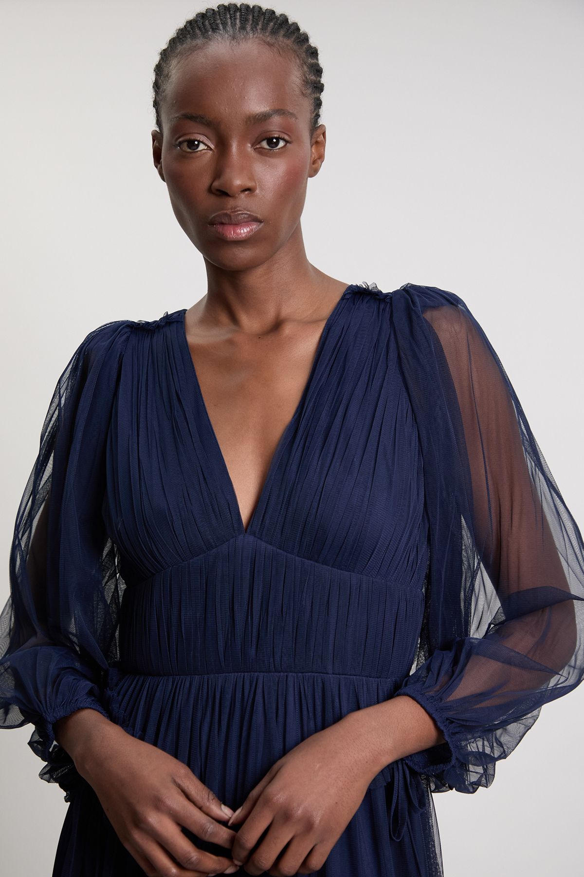 Karen Millen Womens Tulle Layered Long Sleeve Maxi Dress - Navy
