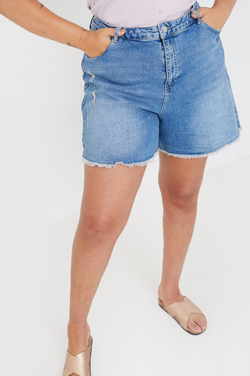 Mid Wash Ripped Denim Shorts