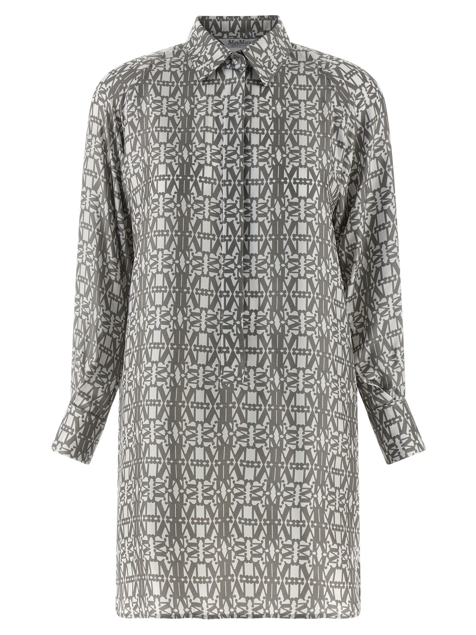 Monogram Silk Twill Shirt Dress — Gray