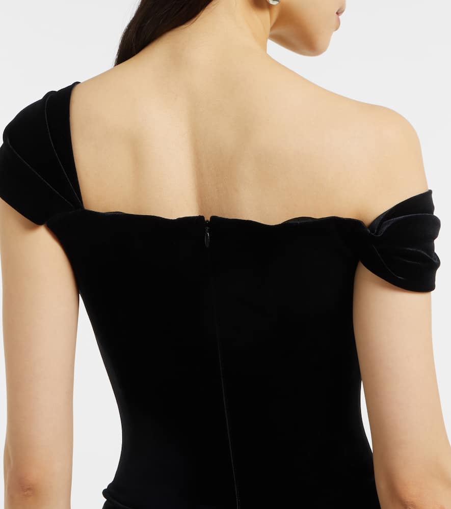 Asymmetric velvet bustier gown