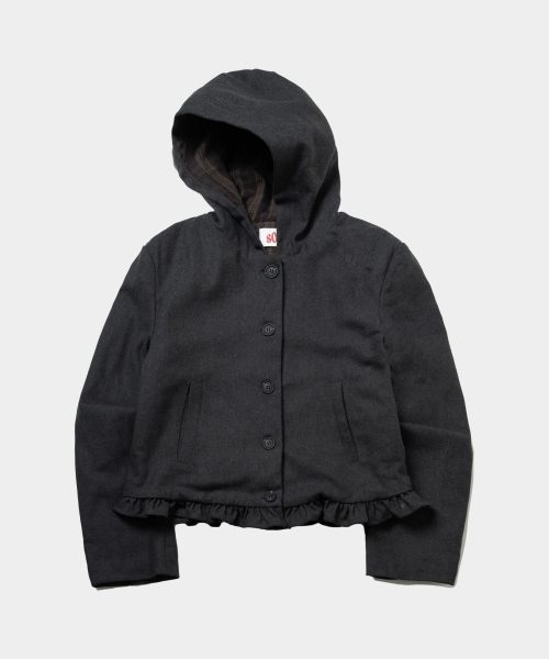 Frill Classic Women's Check Color Block Single Button Hooded Short Coat Jacket _2COLOR