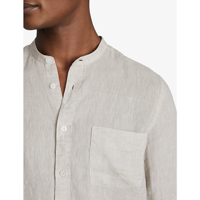 Mens Stone Ocean Grandad-collar Striped Linen Shirt