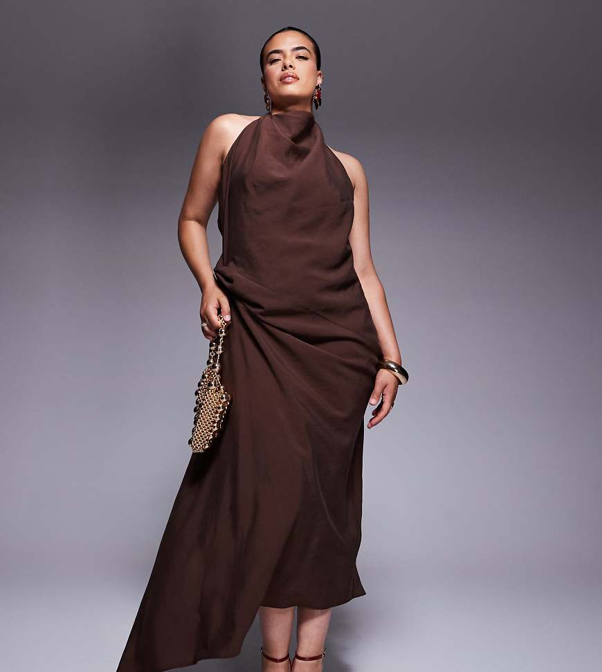 ASOS DESIGN Curve tuck detail halter maxi dress in chocolate-Brown