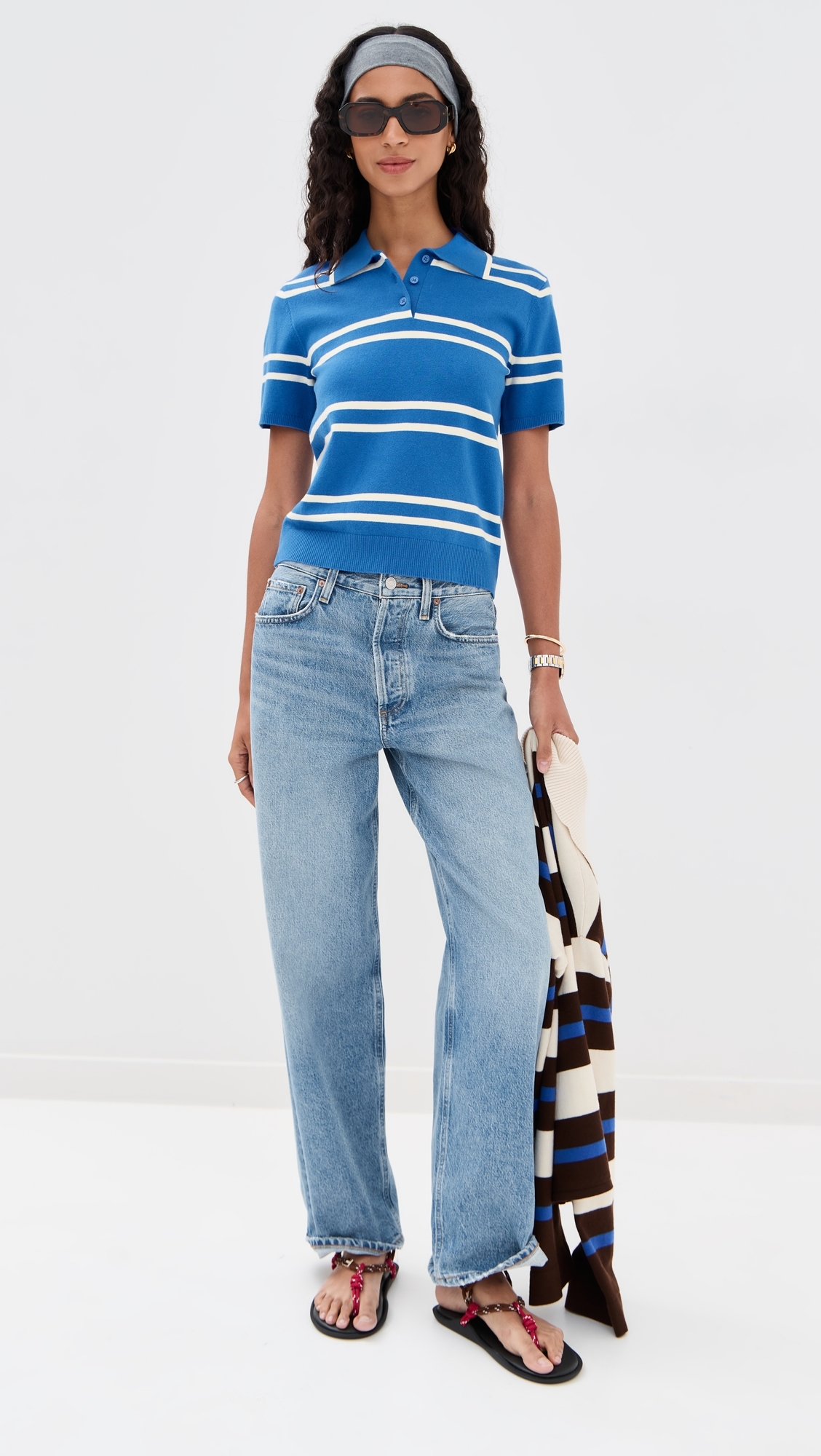 Short Sleeve Striped Polo Light Blue/Burnt Orange