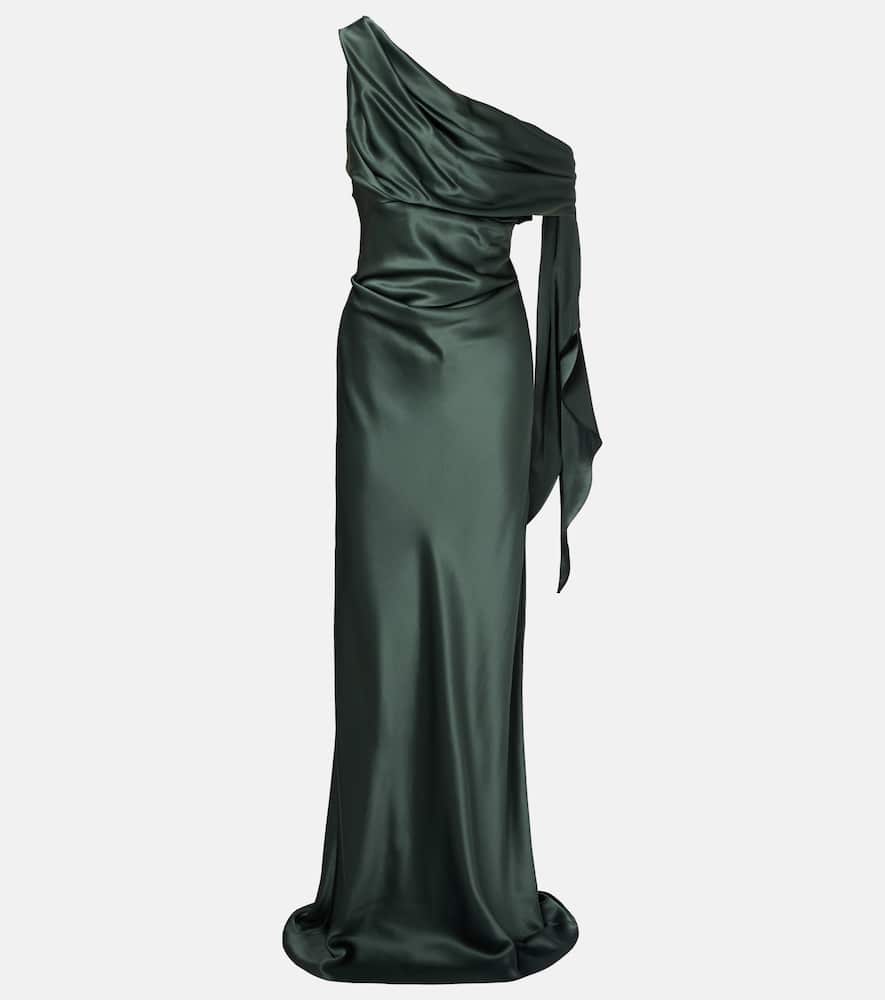 Draped asymmetric silk satin gown