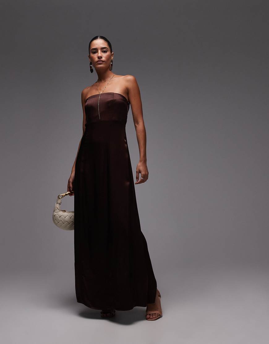 Satin bandeau midi dress in chocolate-Brown