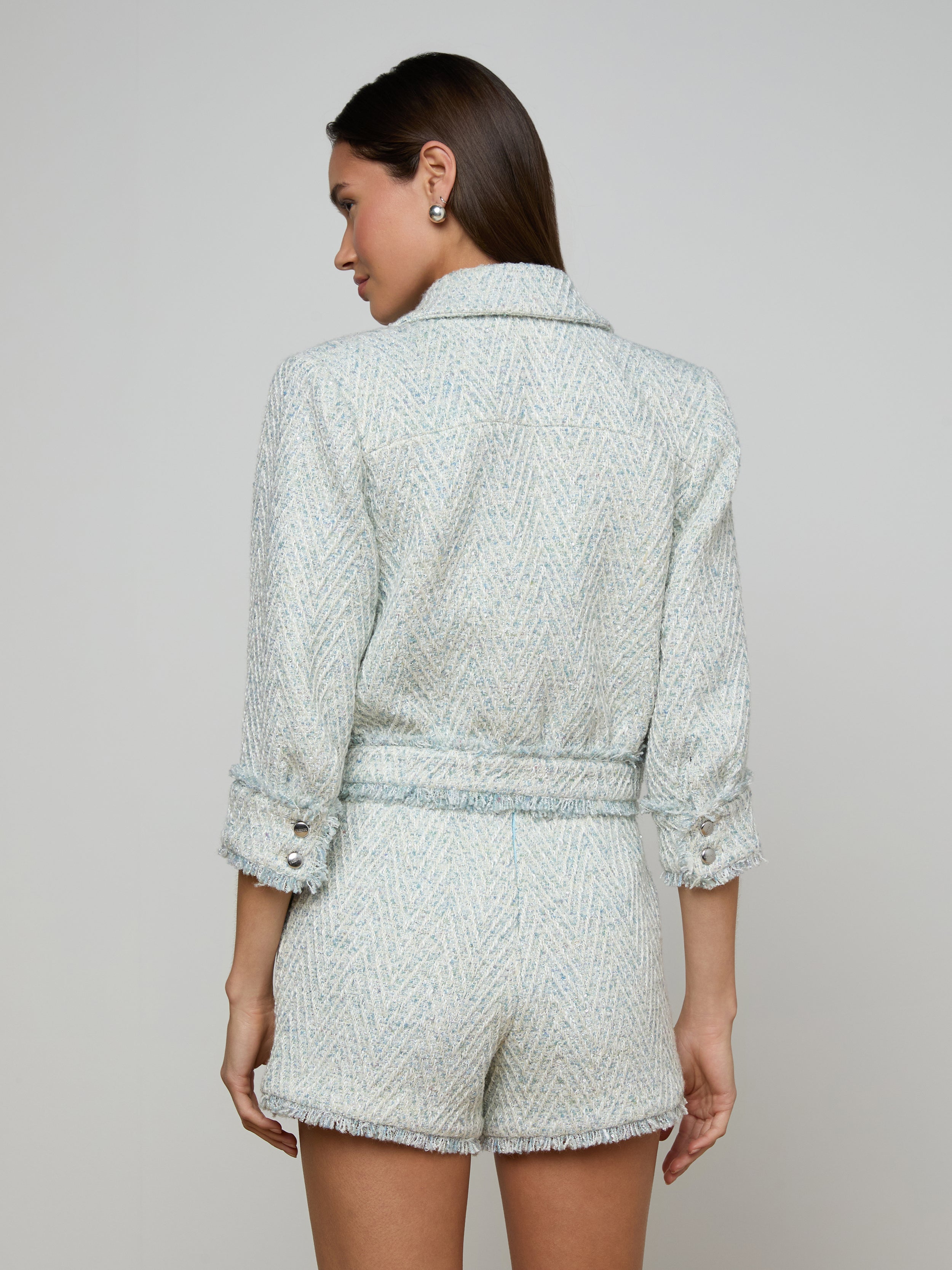 Jia Fringed Tweed Jacket In Light Blue/ivory Chevron