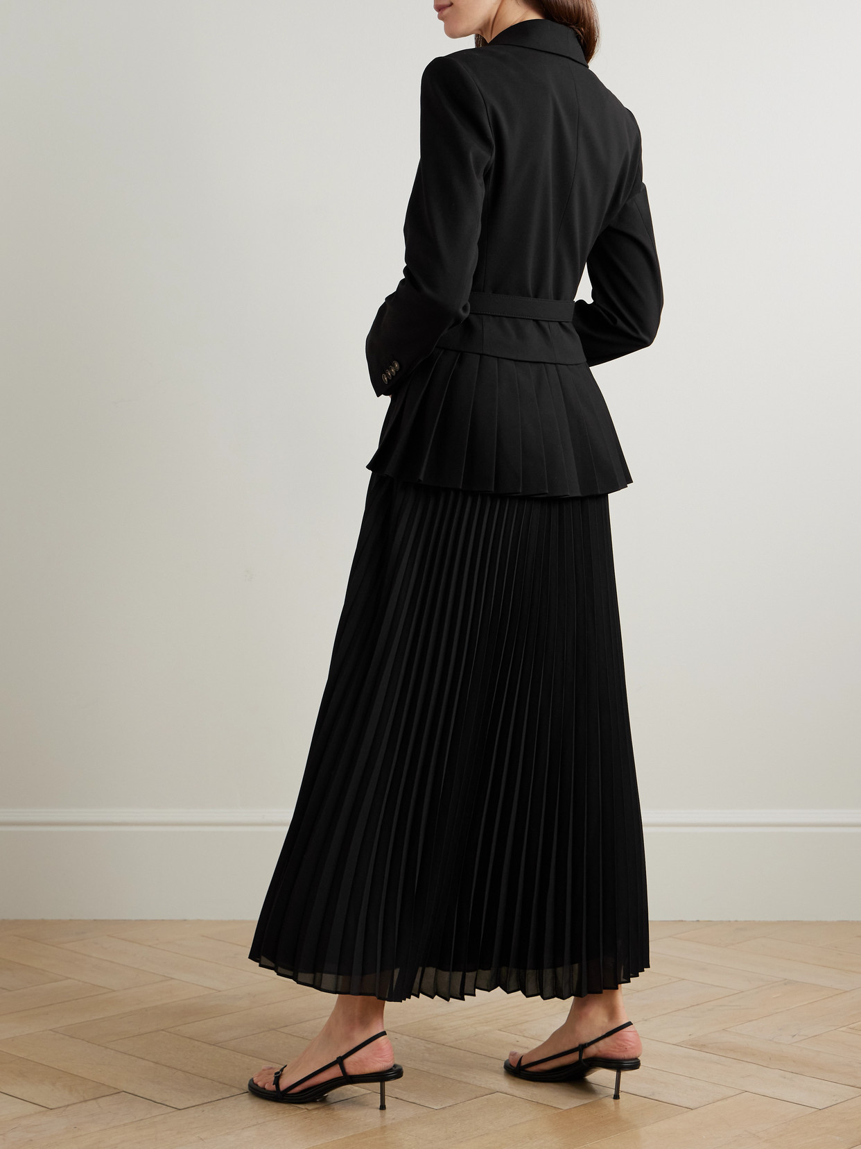 Alexandra Belted Pleated Crepe Midi Dress - Black