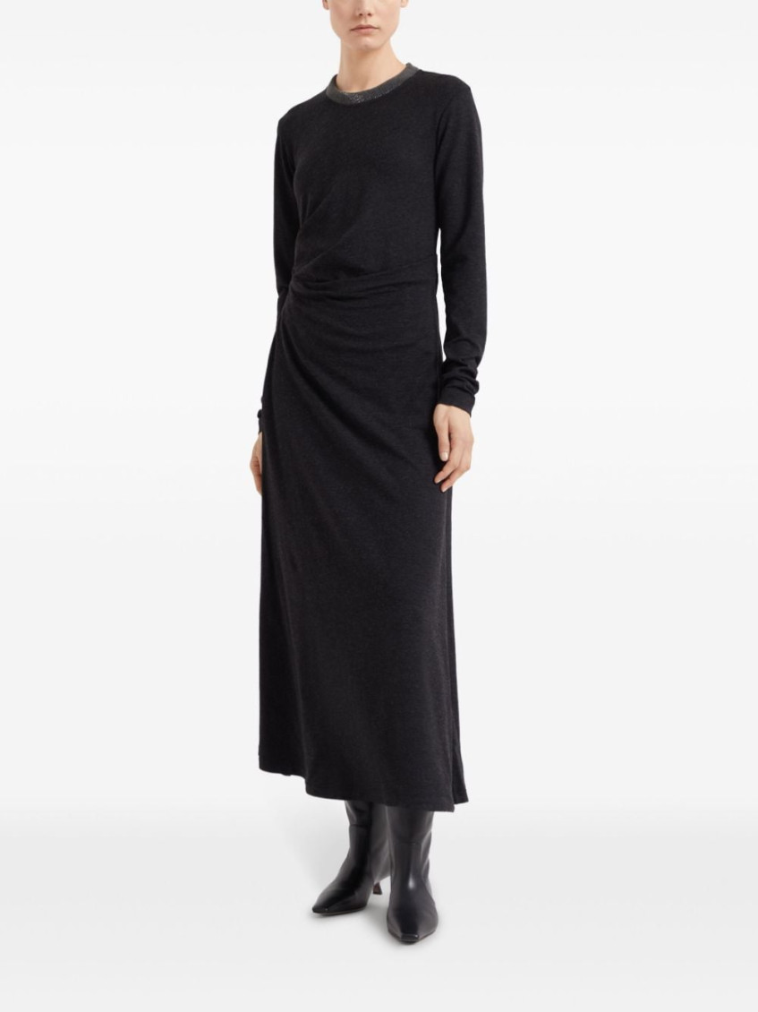 Monili-trim gathered dress - Black