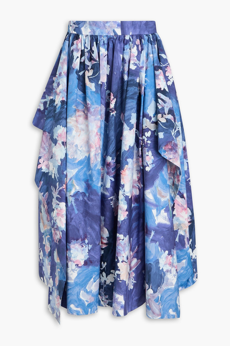 Draped floral-print cotton-poplin midi skirt - Blue - UK 14