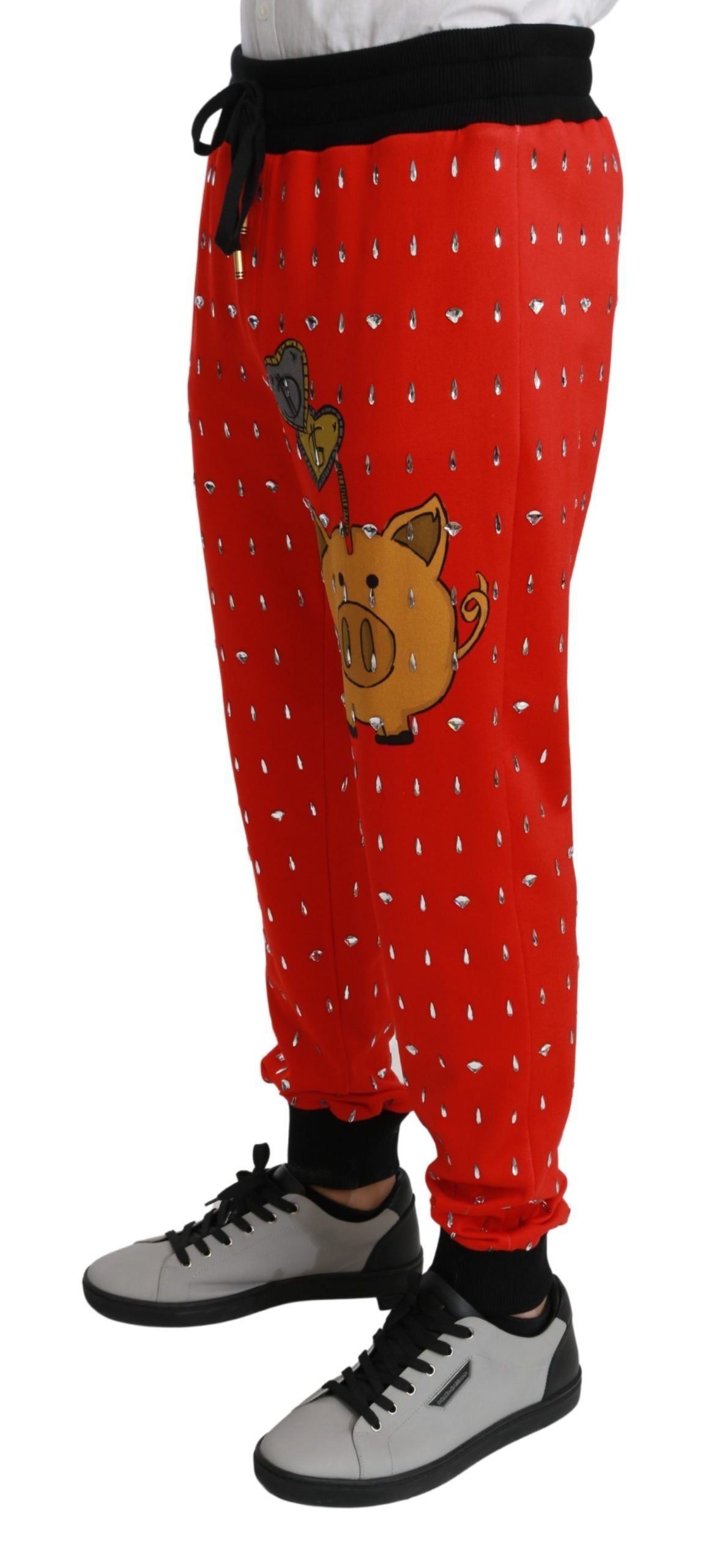 Piggy Bank Crystal-Embellished Cotton Joggers — Red