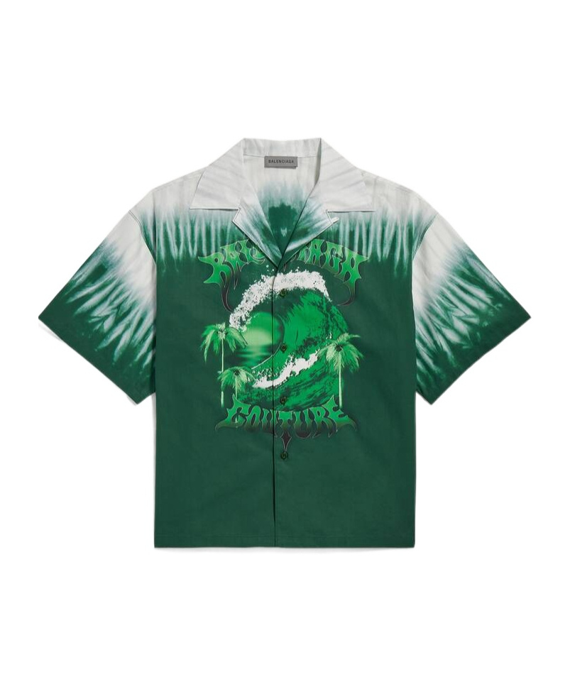 Men's Extreme Tie Dye Bowling Short Sleeve Shirt in Green/white