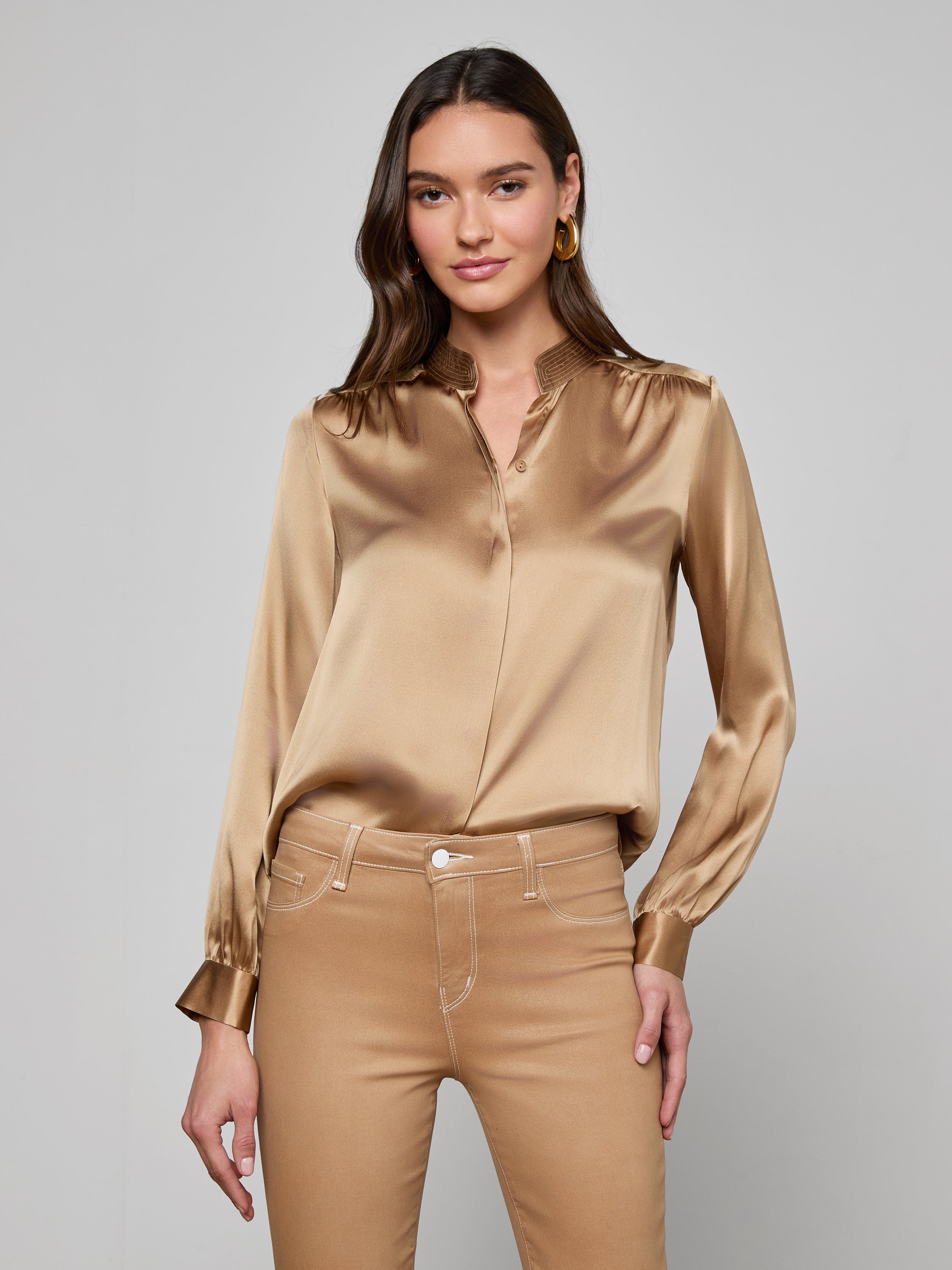 Bianca Silk Blouse Top In Chai Latte