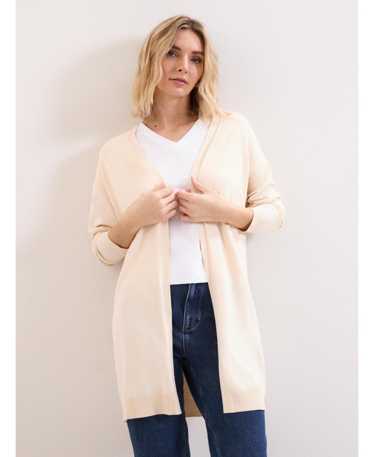Women's Sabrina Longline Open Front Cardigan - Beige/Khaki