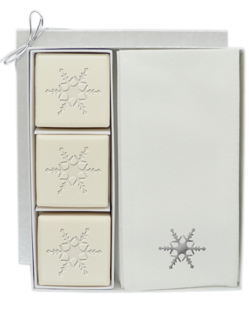 Snowflake Motif 3Pc Soap Set With 12 Silver Embossed Towels