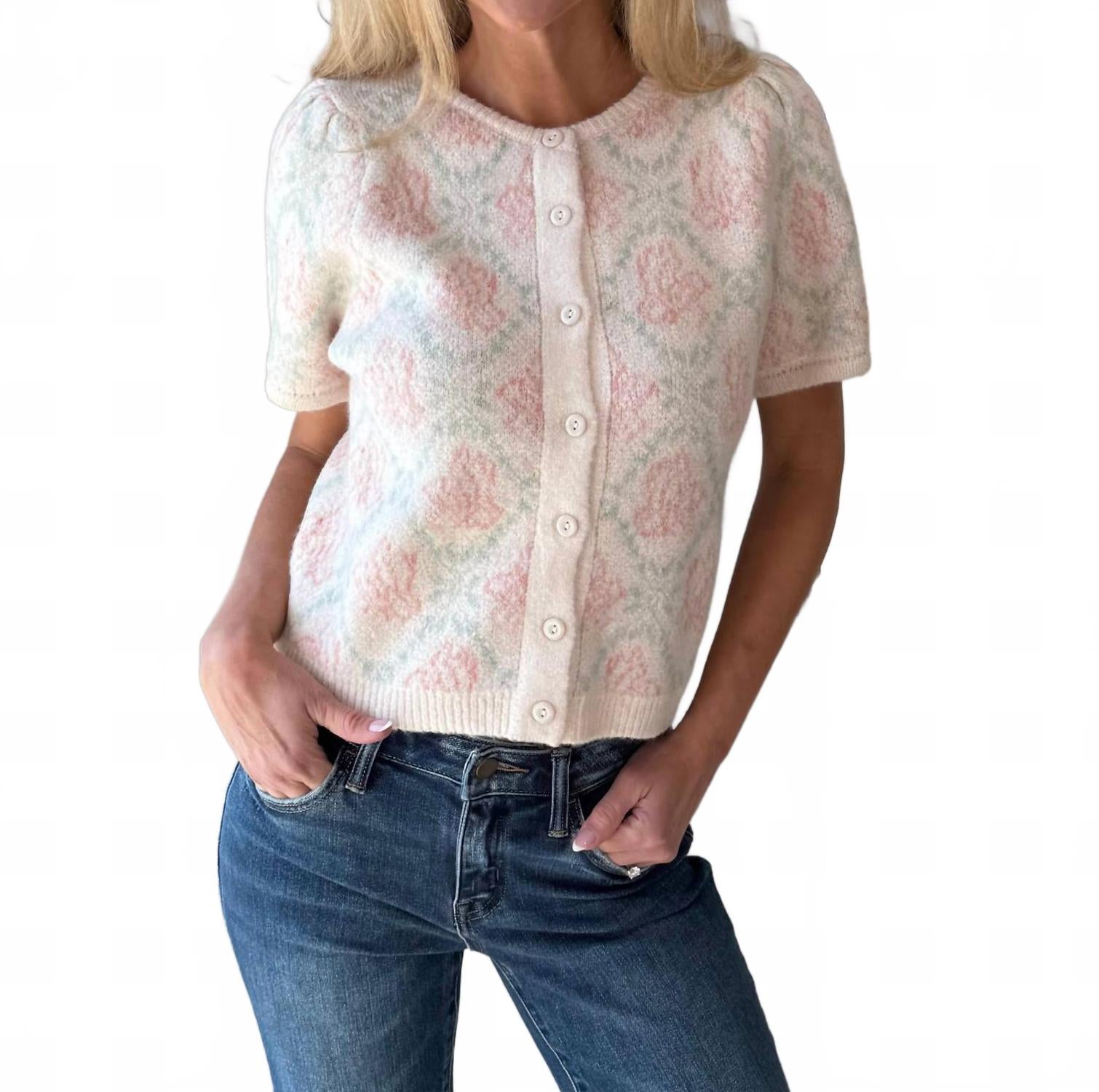 Floral Short Sleeve Cardigan In Cream