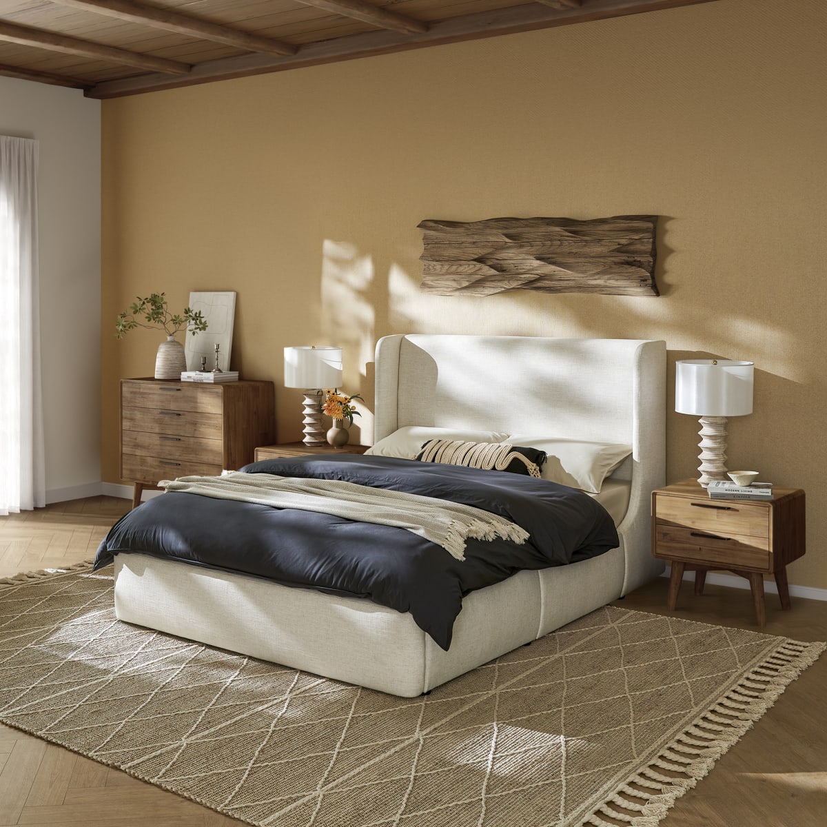 Dalton Queen Size Storage Bed with Seb 4-Drawer Dresser & 2 Seb Nightstand, Beach Linen for Queen