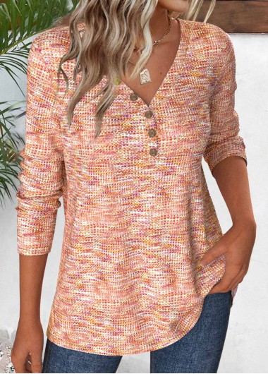 Modlily Light Pink Button Long Sleeve V Neck T Shirt