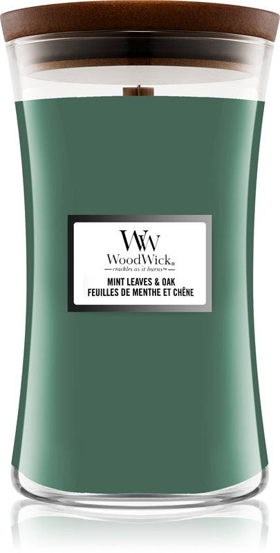 Woodwick Mint Leaves & Oak candela profumata con stoppino in legno 609,5 g