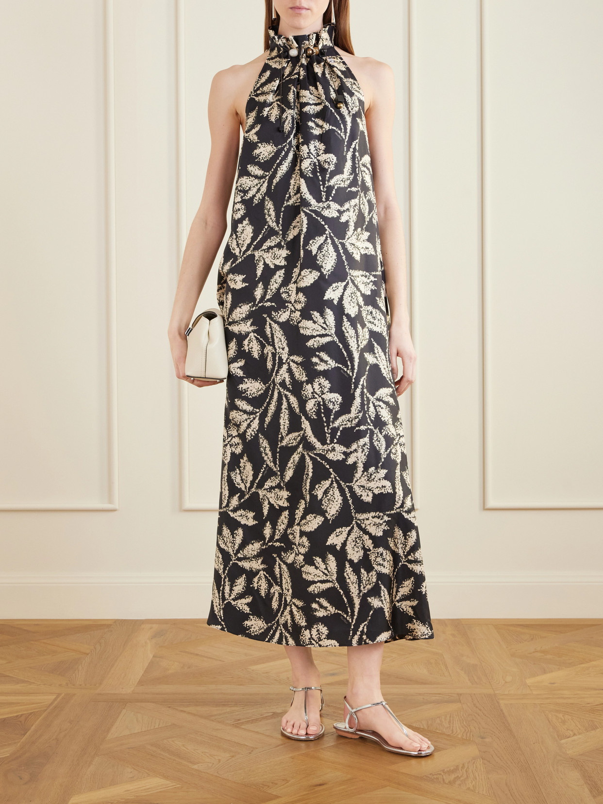 Printed Silk-twill Midi Dress - Black