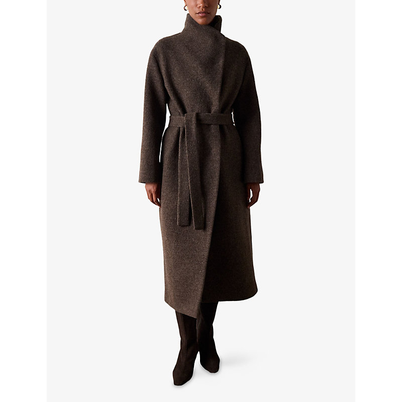 Womens Morgana Funnel-Neck Wrap Wool Coat