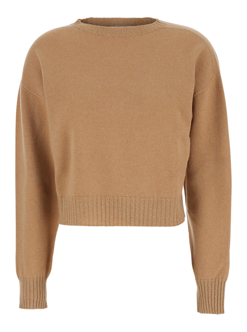 Beige Crew Neck Sweater With Dropped Shoulder And Ribbed Details In Wool Woman