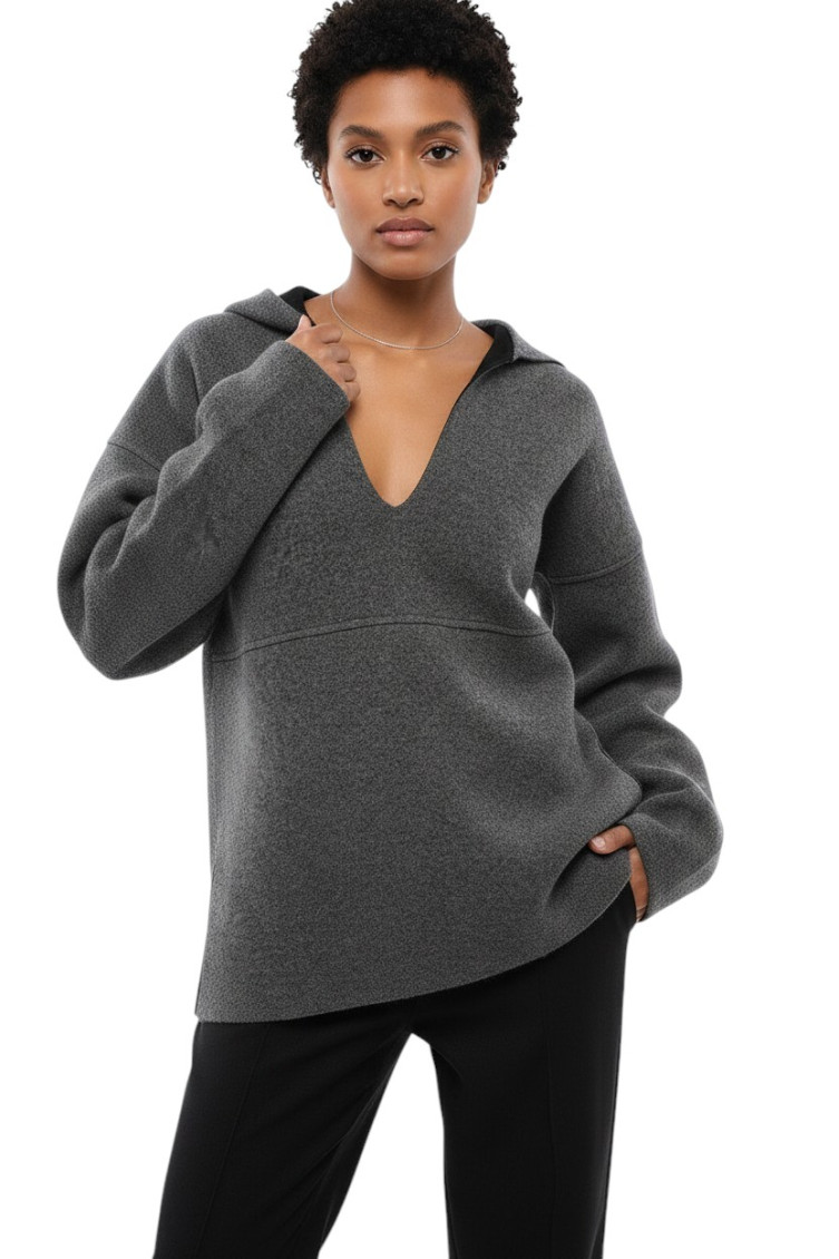 Grey Solid V Neck Sweater