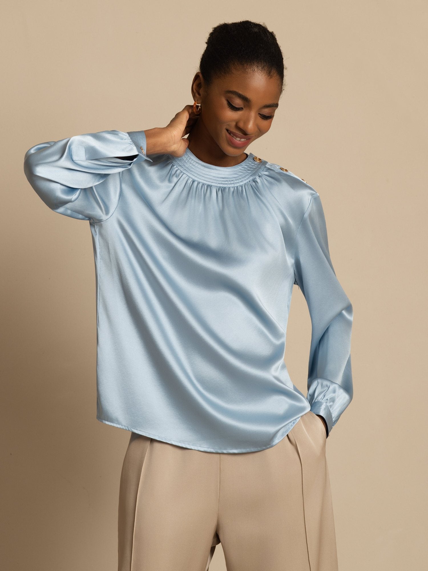 19Momme Silk Women’s Gathered Neck Long Sleeve Blouse