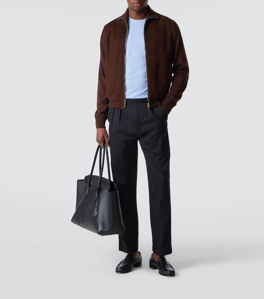 Suede-paneled wool-blend zip-up sweater