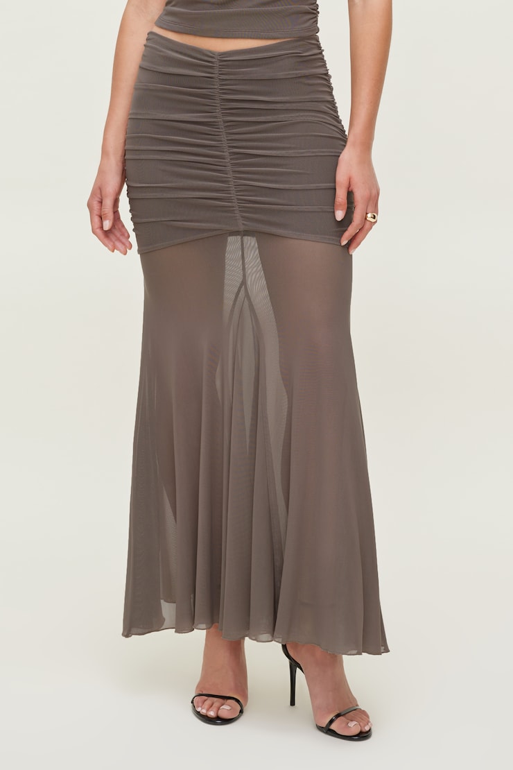 Ruched Mesh Maxi Skirt - Brown - Women Clothing
