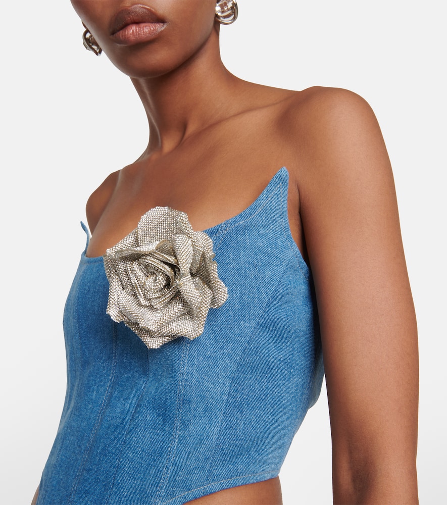 Floral-appliqué denim bustier