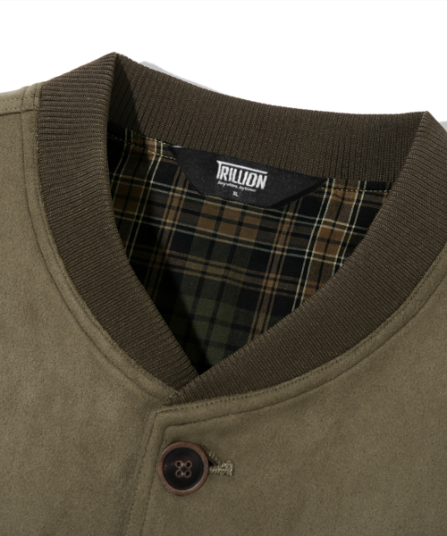 Two Pocket Button Suede Bomber Jacket_Khaki