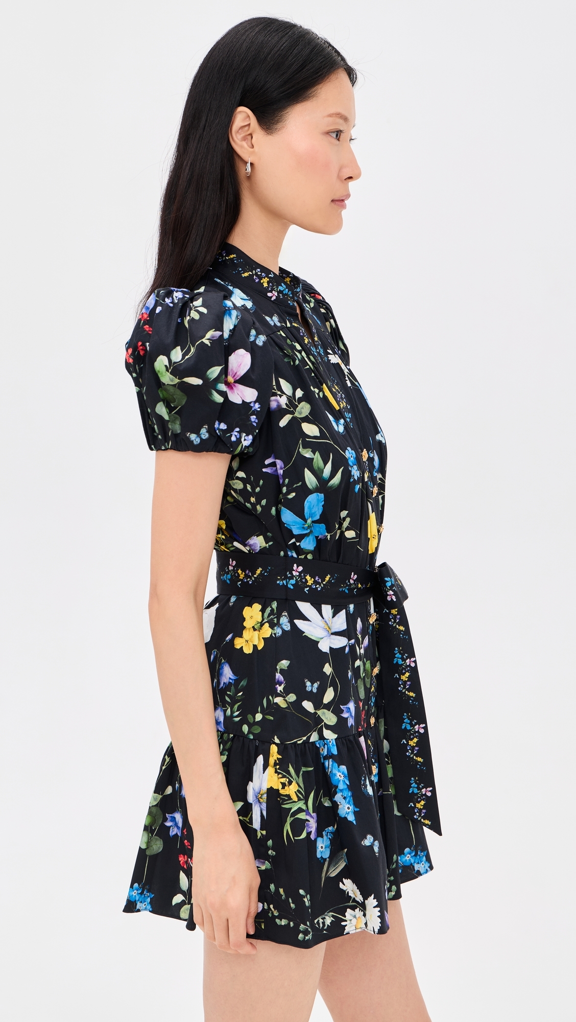 Cora Short Sleeve Tiered Mini Shirt Dress TWISTING VINES BLACK