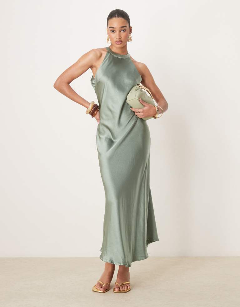 Y.A.S Womens high neck satin maxi dress in soft green