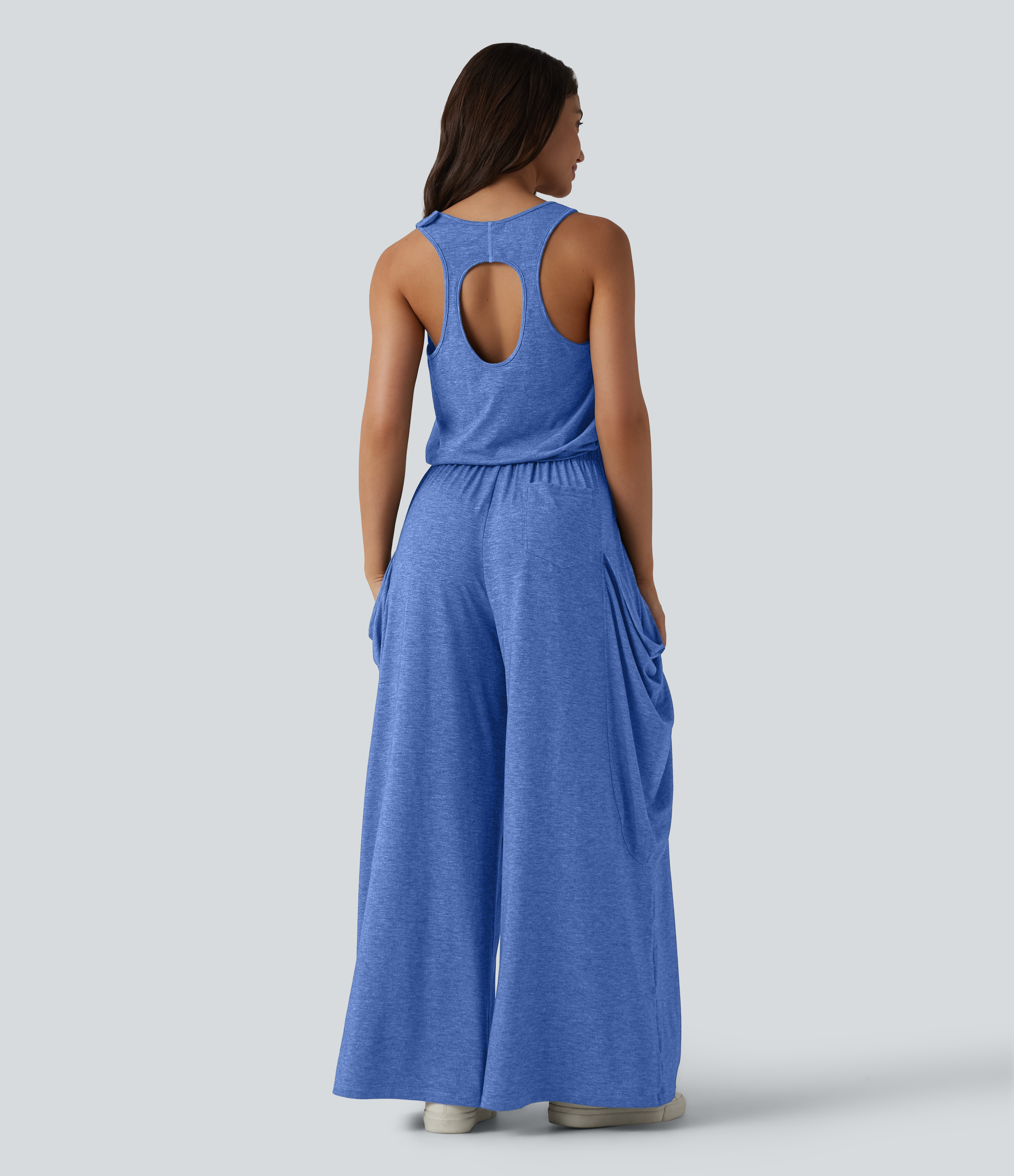 Sleeveless Cut Out Wide Leg Casual Jumpsuit with Pockets-Easy Peezy Edition  - Sky Blue Floral Yarn