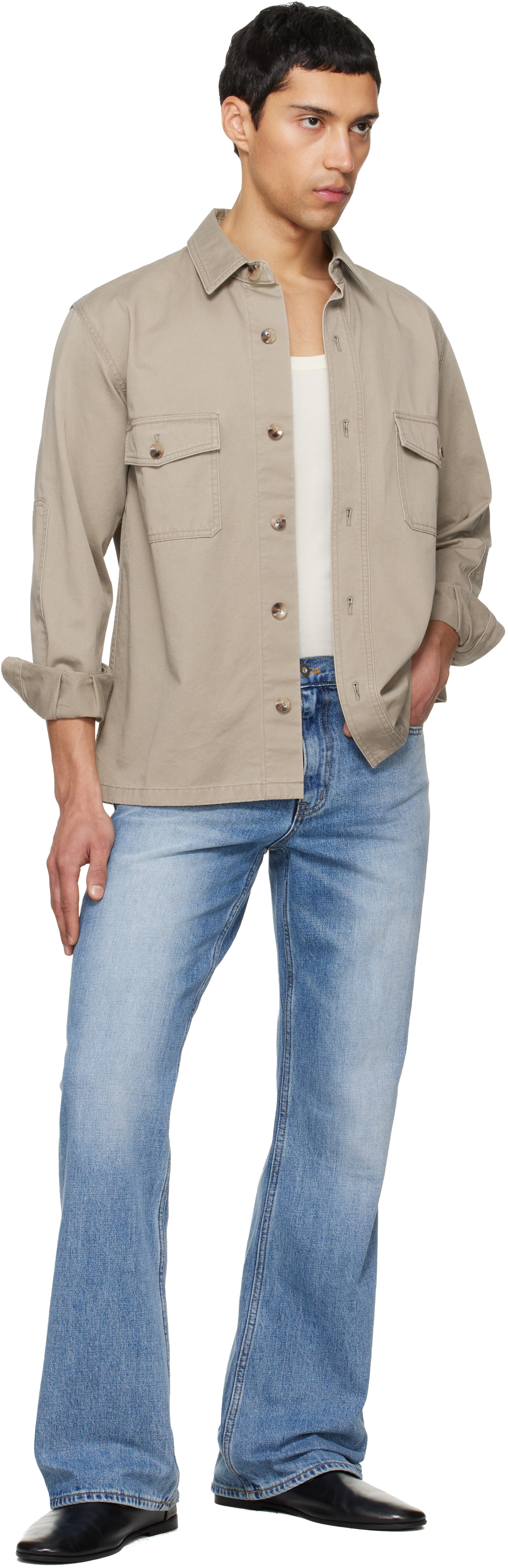 Beige Washed Cotton Twill Overshirt
