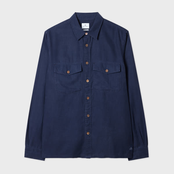 Navy Lyocell-Cotton Patch-Pocket Shirt Blue