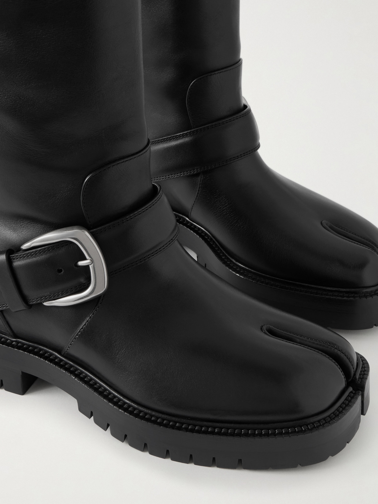 Tabi Buckled Split-toe Leather Knee Boots - Black