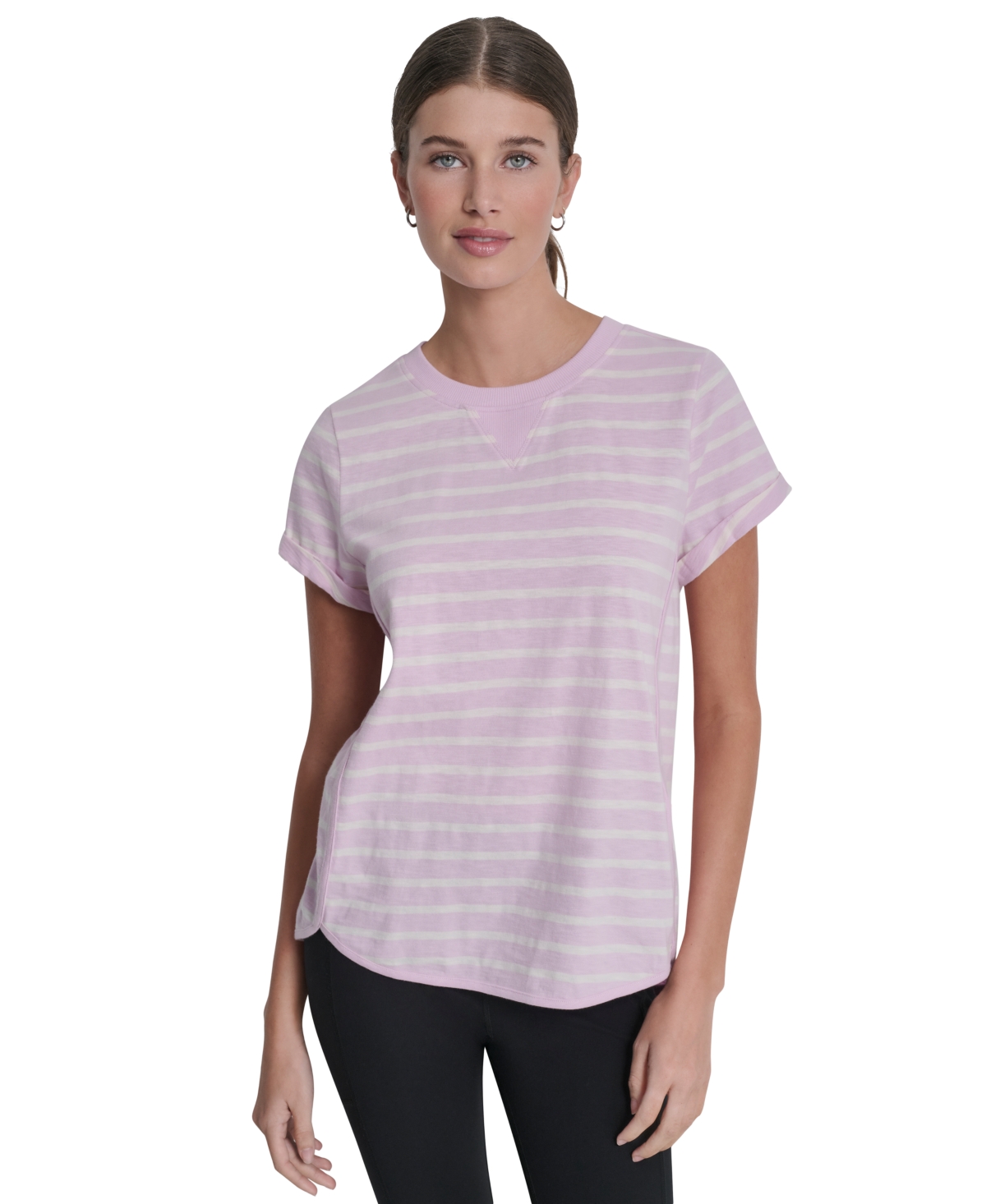 Women's Embroidered Crewneck Logo Roll-Sleeve Top - Pink Lavender/Eggnog