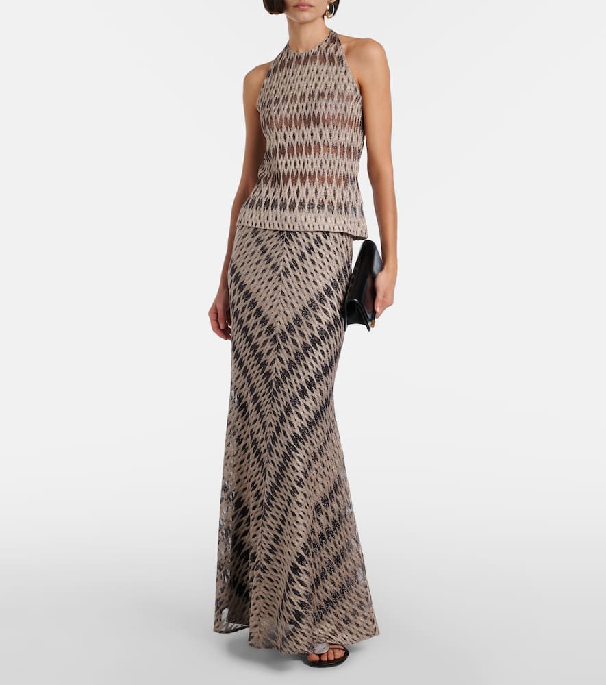 Open-knit lamé maxi skirt