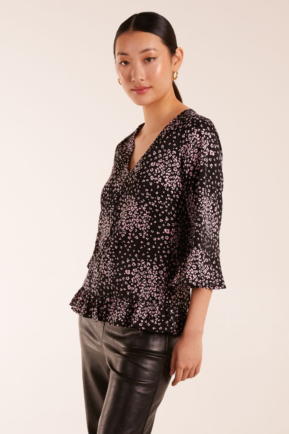 Button Front V Neck Flounce Blouse