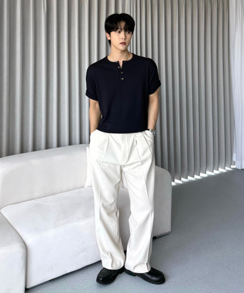 26 SS Washable Linen Henley Neck Crop Knit