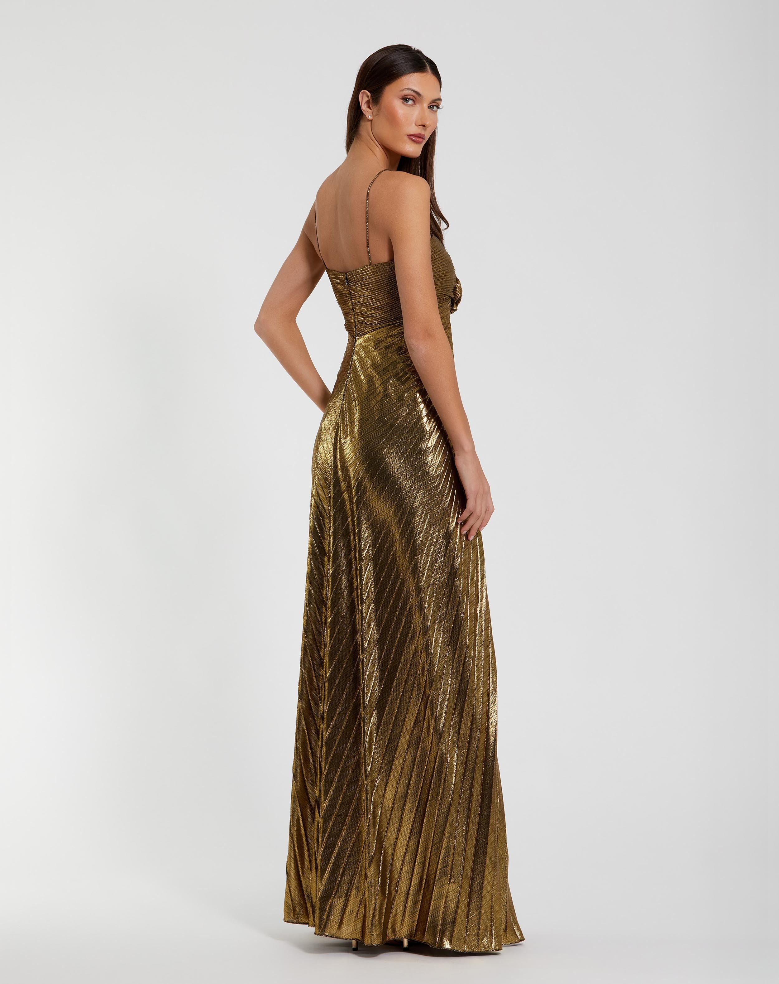 Thin Strap Pleated Metallic Maxi Gown with 3D Flower Antique Gold