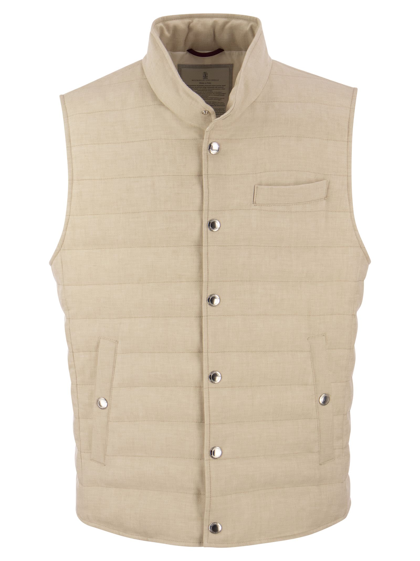 Lightweight Sleeveless Down Jacket In Linen And Wool Canvas