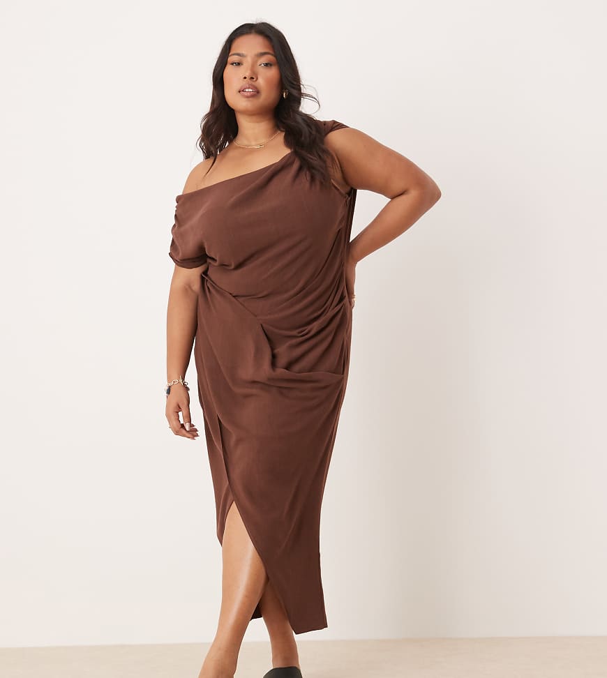 ASOS DESIGN Curve linen fallen twist shoulder wrap skirt detail midi dress in chocolate brown