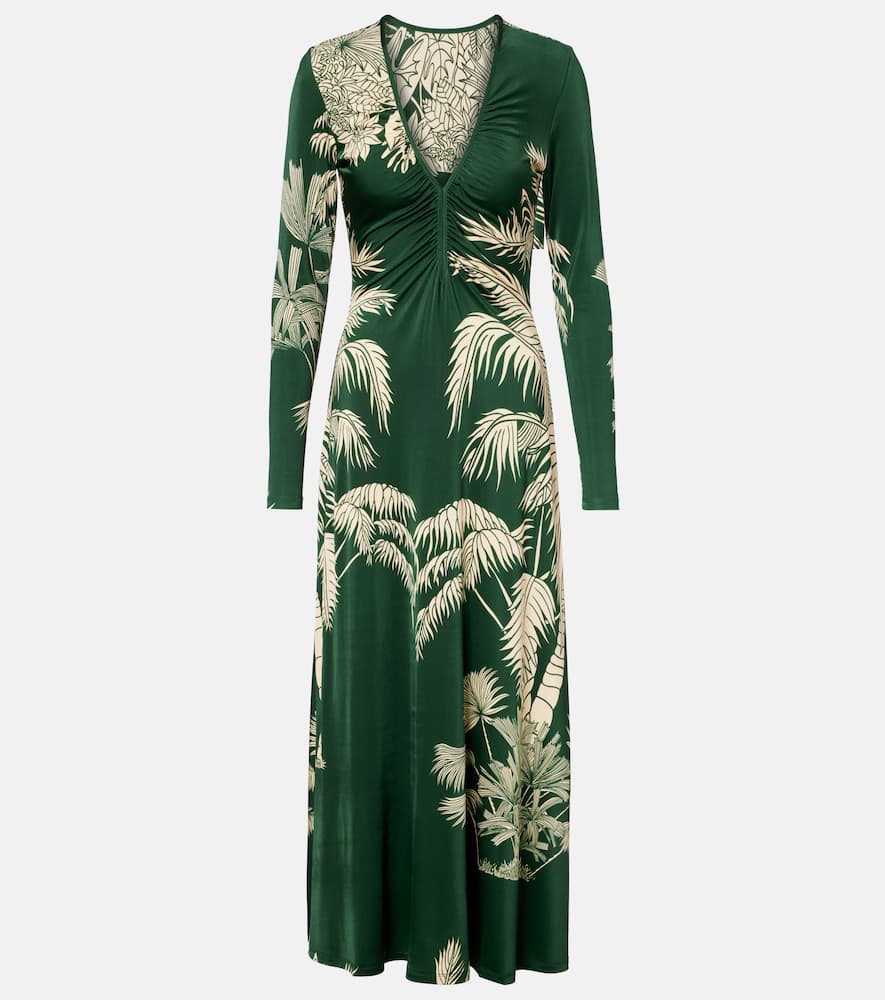 Printed ruched jersey midi dress