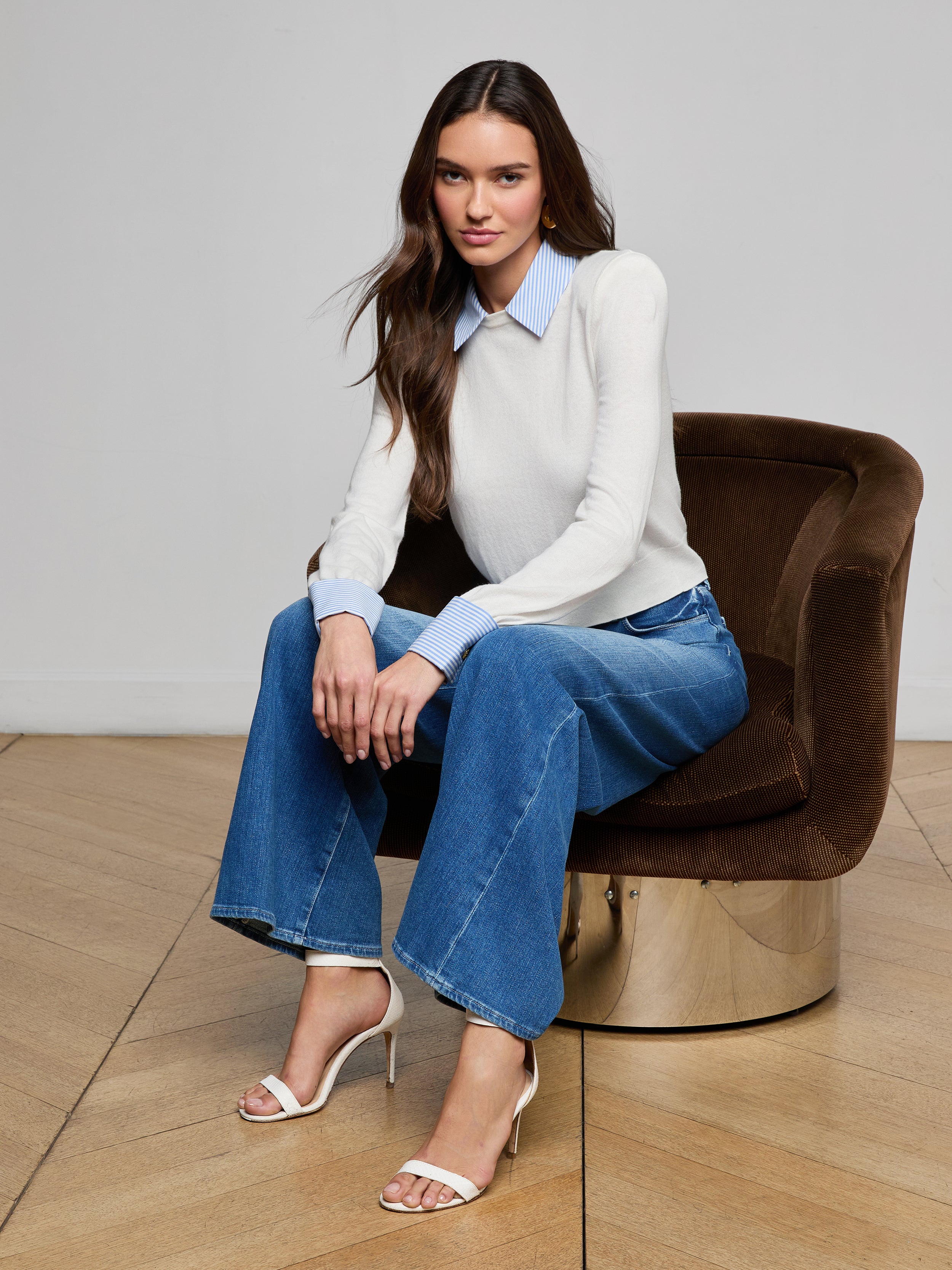 April Poplin Collar Pullover In White/blue Stripe